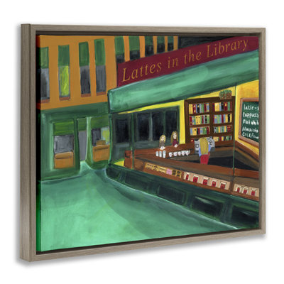 «Lattes In The Library», art mural encadré sur toile flottante, design par Kristal Clifford