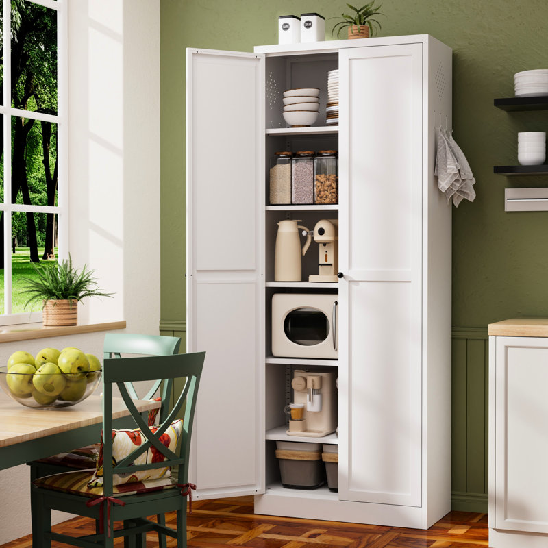 Armoire de cuisine 72 po en métal blanc avec portes, organisateur de rangement autoportant robuste avec 5 tablettes réglables, assemblage sans outil pour le garde-manger, cuisine, salle de bain