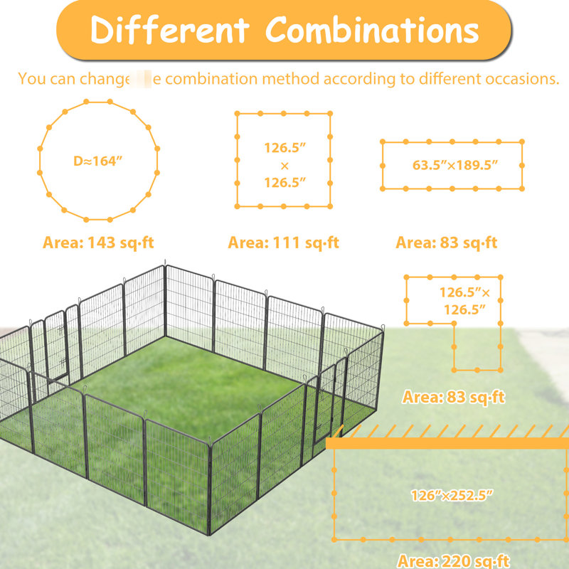 Parc pour chien d'extérieur, 16 panneaux, différentes races, clôture de finition imperméable, hauteur, tailles, conception des bords arrondis sécuritaires