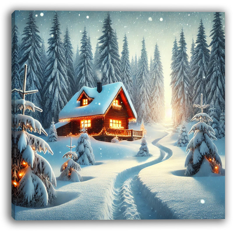 «Golden Glow: Illuminated Cabin Winter Wonderland», impression sur toile, H 30 po x l 30 po x P 1,5 po