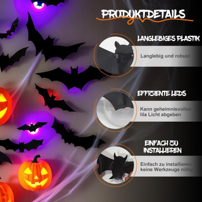 Halloween Bat, 2025 New 3D Bat Decoration with LED, Wall Sticker, Halloween Decoration, Party Decoration, Outdoor, Indoor (Pack of 12)