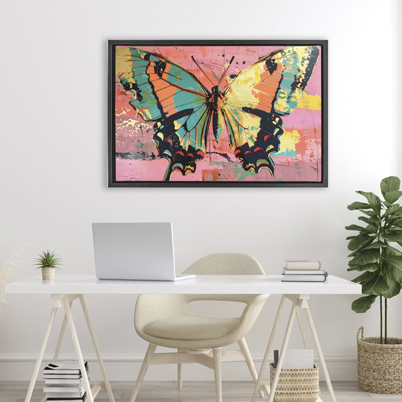 Papillon rétro sur cadre flottant rose abstrait, design par LSR Design Studio, Cadre flottant noir de jais, H 21 po x l 31 po