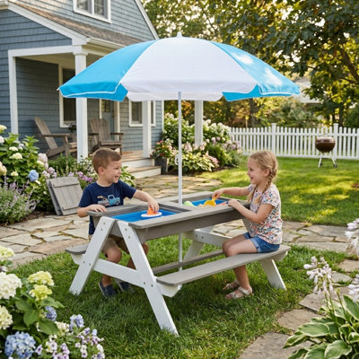 Table de pique-nique en bois 3 en 1 pour enfants avec parasol, sable et mer convertible, gris ASTM et CPSIA