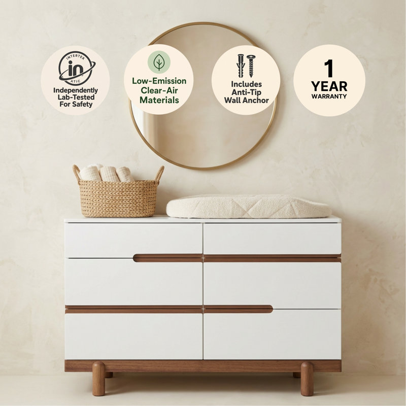 Bliss 6-Drawer Nursery Dresser, White/Walnut