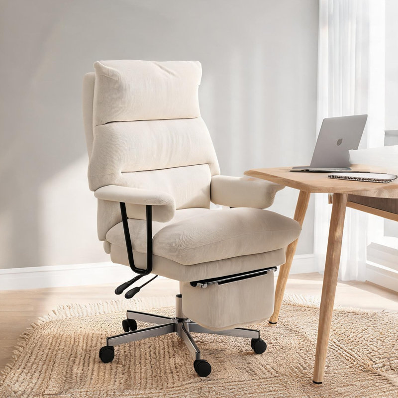 Bureau en velours côtelé blanc crème (100 % polyester) avec siège pivotant, structure en métal et siège inclinable, 75 x 85 x 122 cm