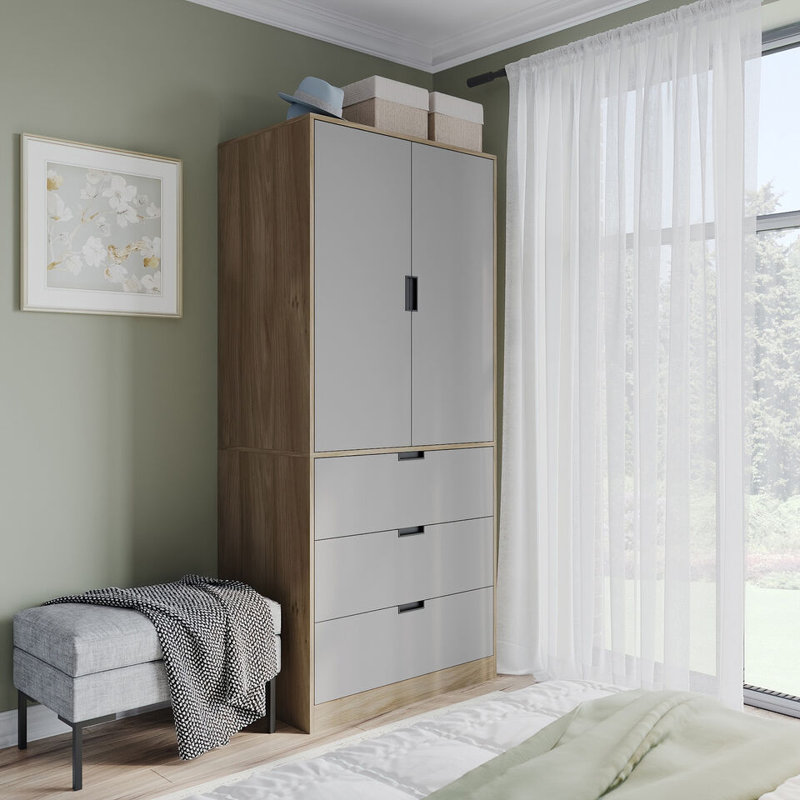 Stephy Solid Wood Wardrobe, Oak/Gray