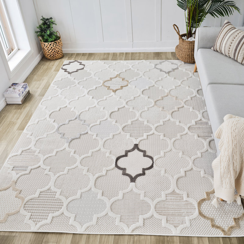 Tapis intérieur crème / beige à motif treillis 4 pi x 6 pi (3 pi 11 po x 5 pi 7 po) Branch Elyra