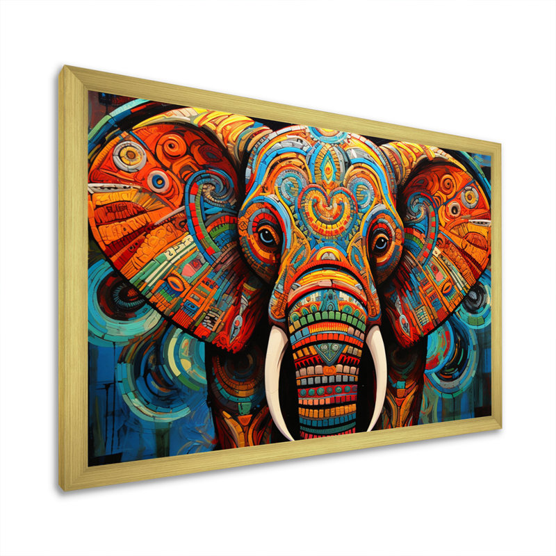 Éléphant Tribal Majesty - Éléphant, art mural, Cadre doré simple, H 16 po x l 32 po x P 1 po