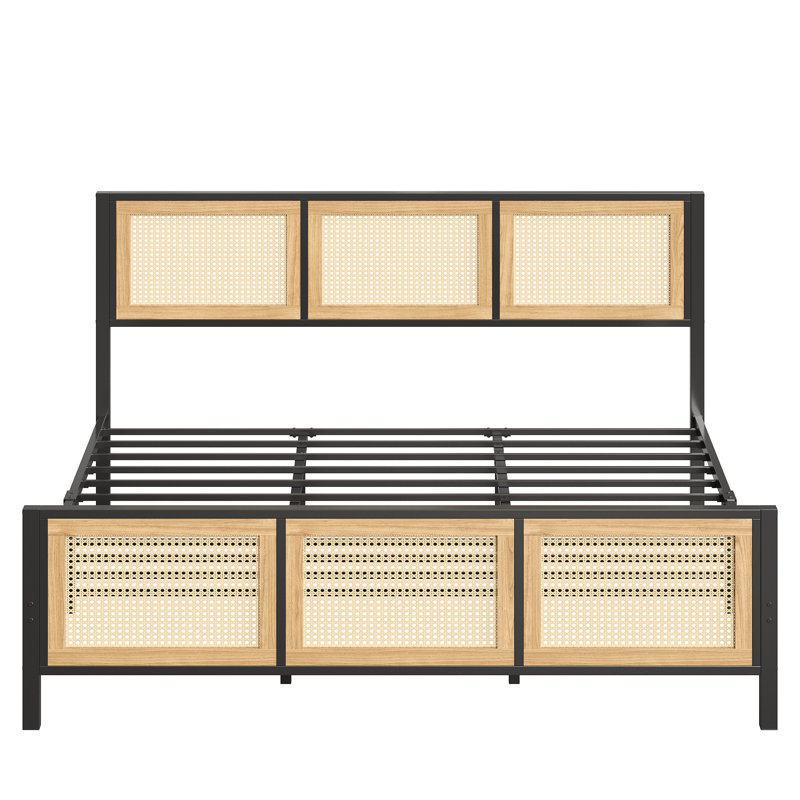 Vena Boho Style King Bed Frame with Rattan Headboard and Footboard, No Box Spring Needed, Iron Platform Bed With Stable Metal Frame