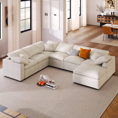 U_Style 124.8" Extra Large 7-Seater Modular Sectional Sofa With L-Shape Design & Movable Ottoman