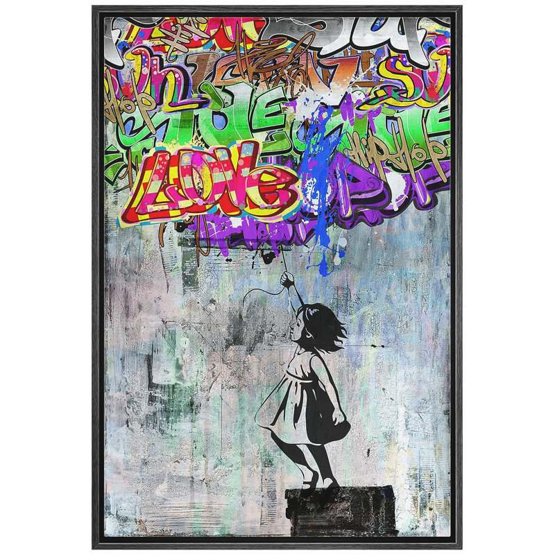 Petite fille étiquetant Banksy sur toile, H 24 po x l 16 po, Reproduction avec cadre flottant, Noir
