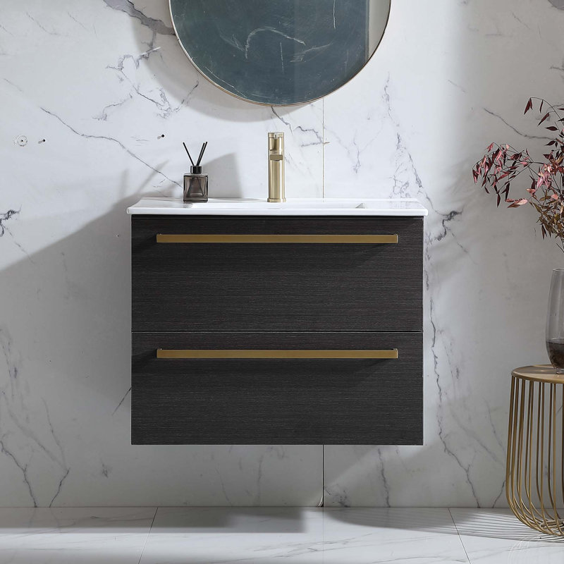30“ Modern Black Wall Mounted  Single Bathroom Vanity with Ceramic Top, Gray