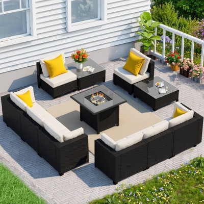 𝗣𝗿𝗲-𝗔𝘀𝘀𝗲𝗺𝗯𝗹𝗲𝗱 𝗖𝗵𝗮𝗶𝗿𝘀, 8-Person Patio Furniture Set Rattan Outdoor Sectional Conversation Sofa Seating Group With Propane Fire Pit Table