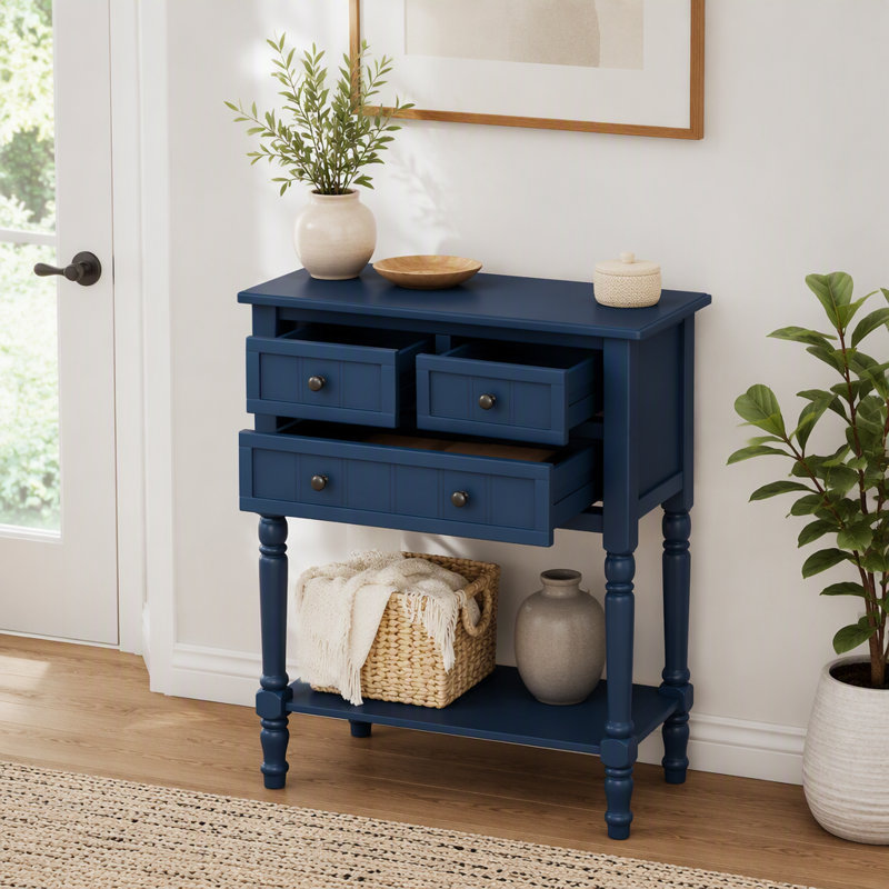 Console étroite, canapé mince avec trois tiroirs de rangement et tablette inférieure, Navy, Navy, Marine