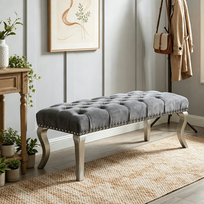 Decor Maxem Tufted Fabric Upholstered Bench Nailhead Trim , Gray