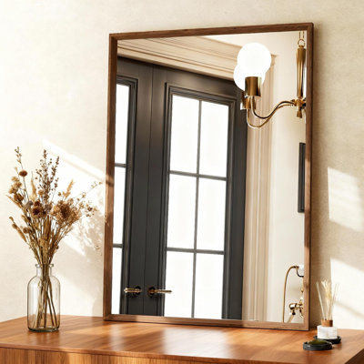 Miroir de salle de bain rectangulaire en noyer avec grain de bois et miroir mural