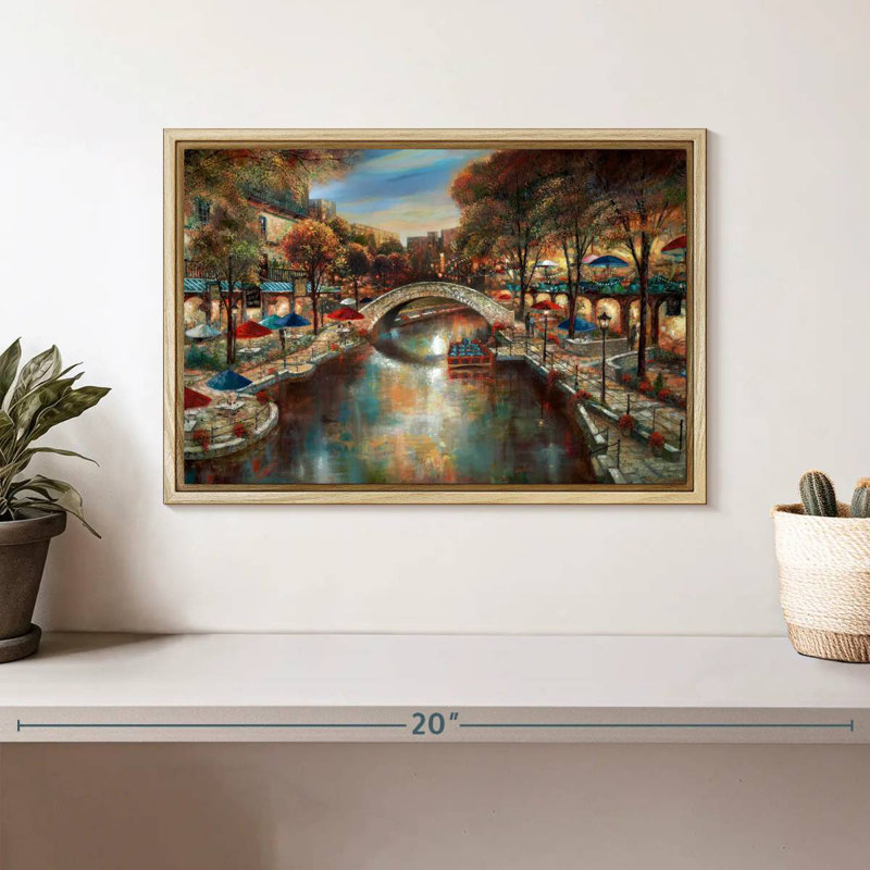 Soirée sur le canal, Cadre flottant en bois naturel, 13 po x 9 po