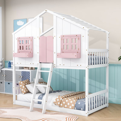 Amance Twin Over Twin House Bunk Bed With Roof, Window, Door And Wooden Ladder
