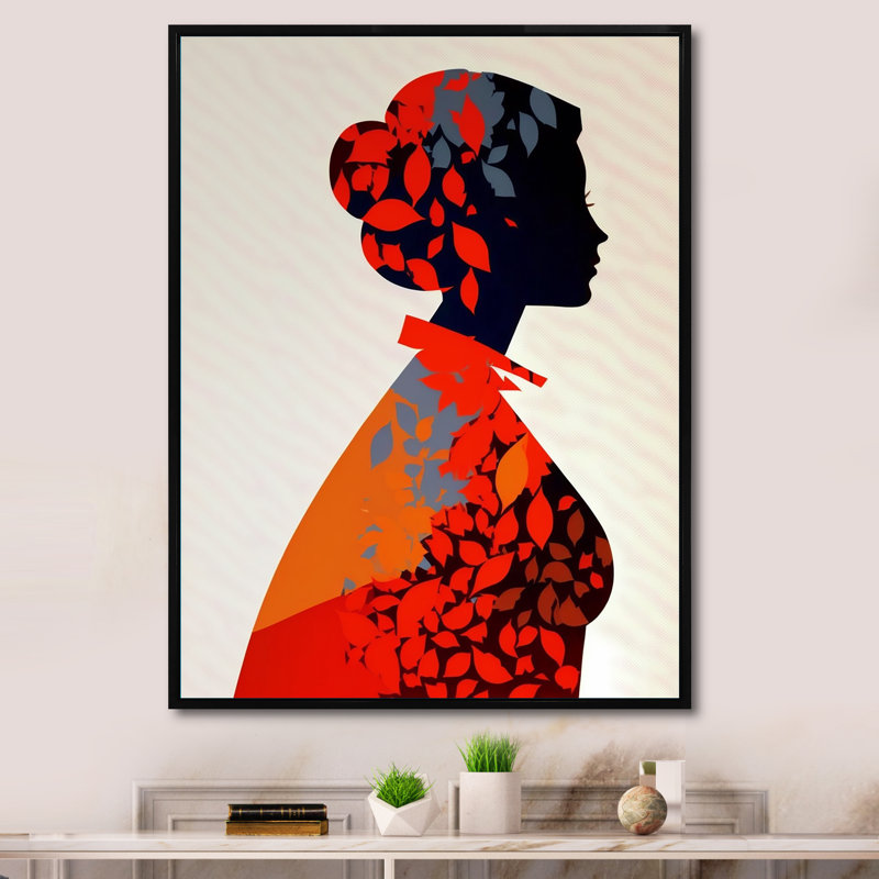 Silhouette rouge de Ludella avec des feuilles d'automne sur toile, H 20 po x l 12 po x P 1 po, Cadre flottant noir