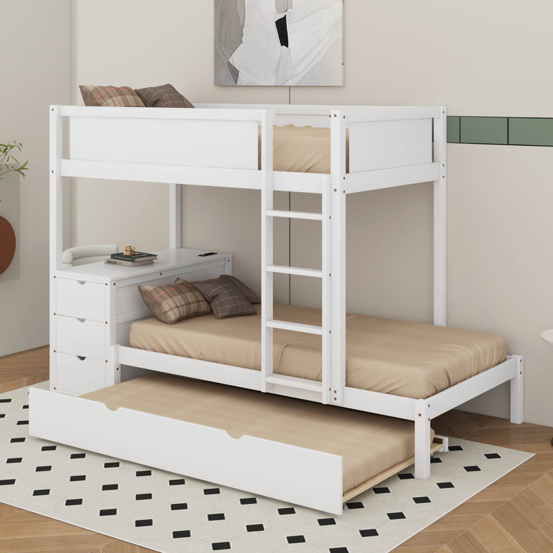 Twin Over Twin Bunk Bed With Trundle And Desk, White