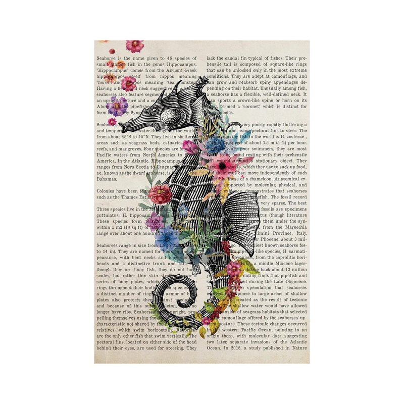 Sea Horse With Flowers Print by Aged Pixel - Wrapped Canvas Print, 20.32 cm H x 30.48 cm W