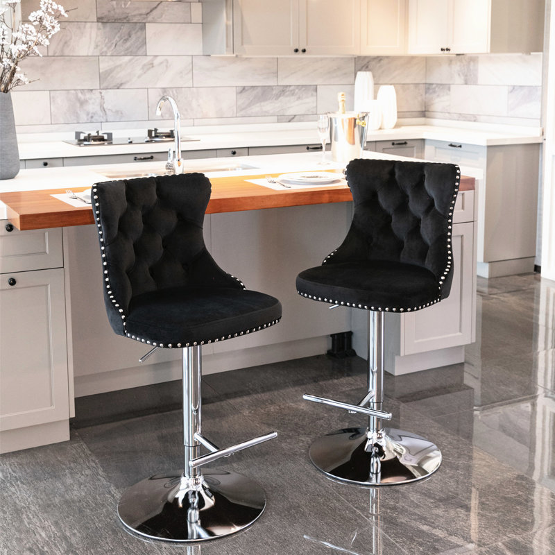 Velours moderne avec hauteur de siège réglable, base et dossier mignon pour un îlot de cuisine de pub 2 pièces, tabourets de bar noirs, rembourré scintillant 2,