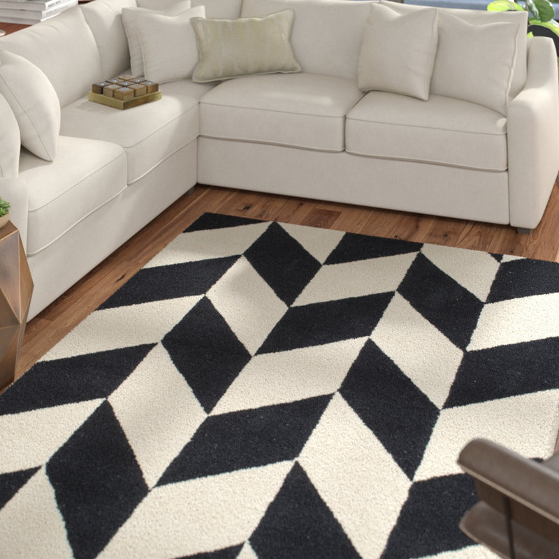 Tapis noir / blanc en laine touffeté à la main à motif géométrique Tilley, Rectangle 8 pi 6 po x 11 pi 6 po