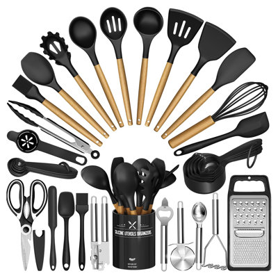 Silicone Kitchen Cooking Utensils Set-Umite Chef 43 pcs Heat Resistant Kitchen Utensils, Black Kitchen Gadgets Tools Set with Stainless Steel Handles