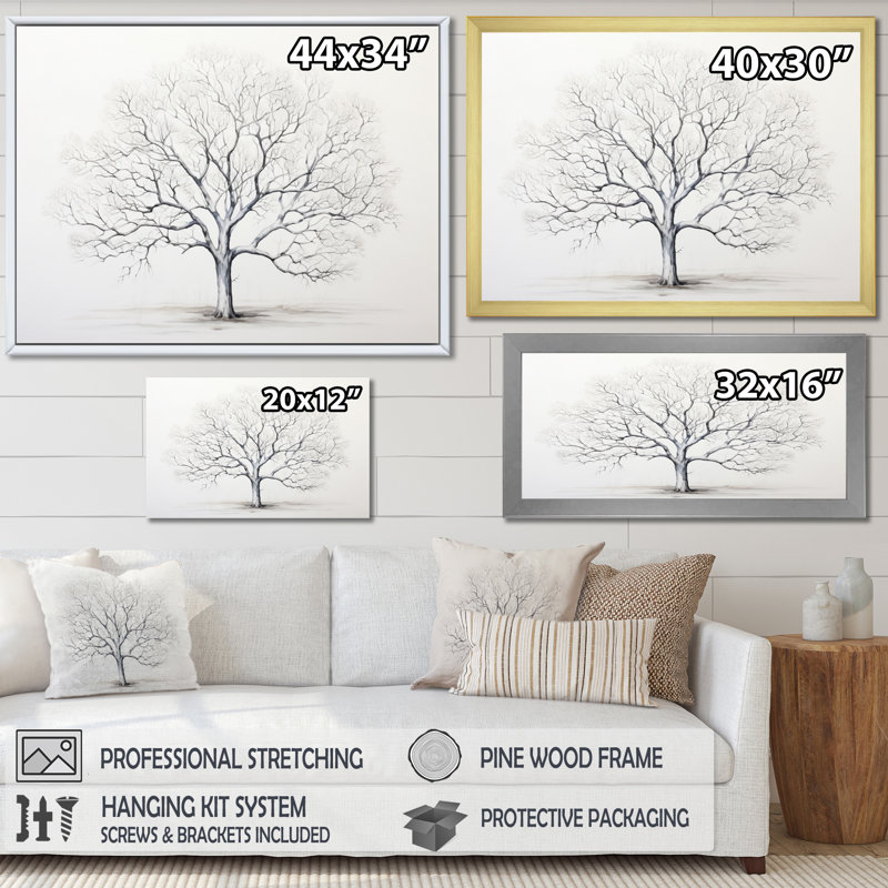 White Tree Monochrome Simplicity - Floral Wall Art Living Room, Cadre photo argenté, H 30 po x l 40 po x P 1,5 po