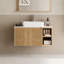 Meuble-lavabo simple mural de 30 po avec lavabo vasque en céramique, comptoir en pierre frittée et armoire en bois cannelé, finition chêne rétro, 2 portes à fermeture en douceur et tablettes ouvertes-610633039-733914450