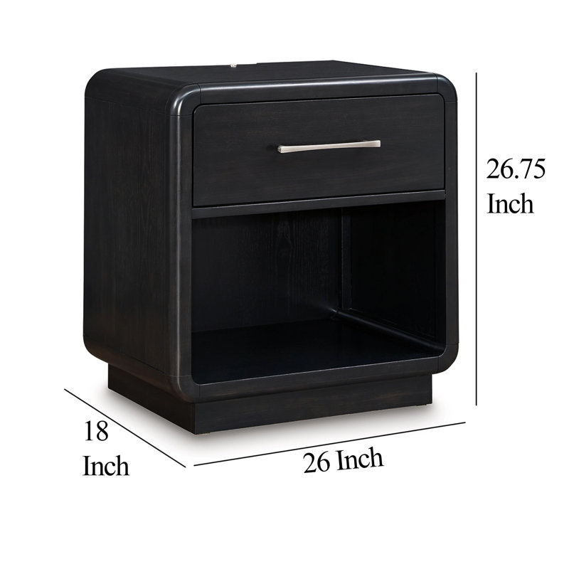 Table de chevet Robeck, 1 tiroir, noir 26 po, poignées en métal argenté