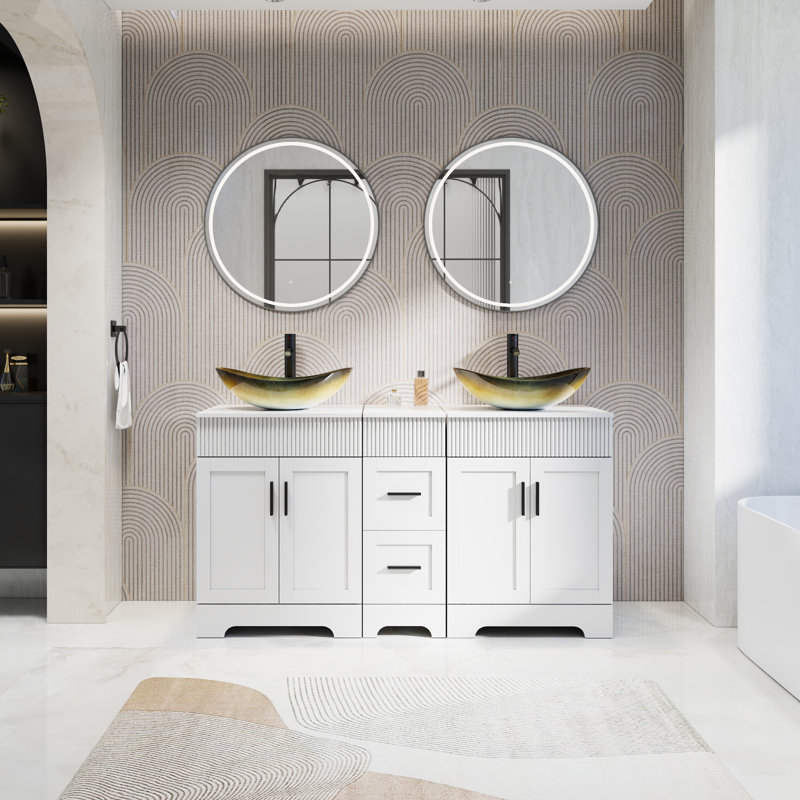 Ensemble de meuble-lavabo à double cuve 60 "avec plateau en bois manufacturé, lavabos, robinets et drains Akron, White, White
