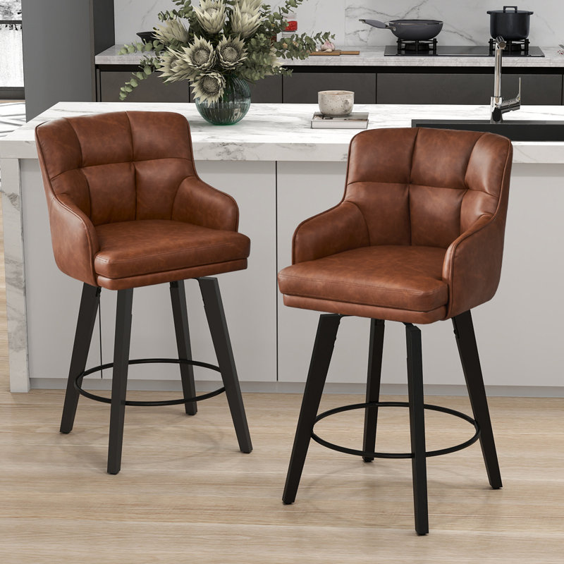 26''H Upholstered 360°Swivel Counter Height Bar Stools, Wood Legs Kitchen Island Chairs, Brown, 2
