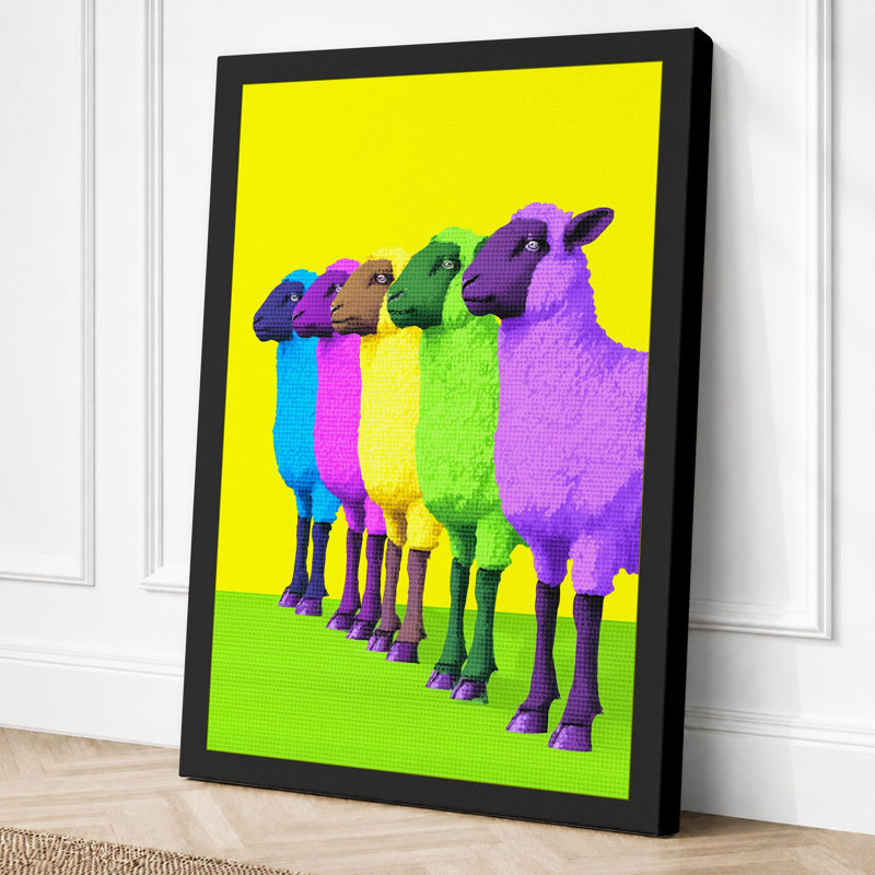Rainbow Llama Trio Modern 1 Piece Wrapped Canvas Wall Art, 24x16 - 61.0 x 40.6 cm, Black Border