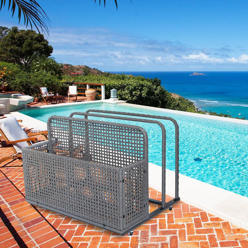 Panier de rangement flottant pour piscine à double couche avec roulettes - Boîte de terrasse en rotin PE pour accessoires de piscine, serviettes, articles de plage - Organisateur résistant aux intempéries - Gris creux