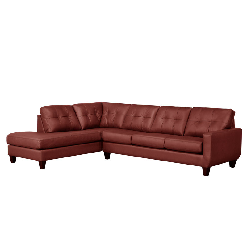 Aarah Upholstered L-Shaped Sectional, Maroon Red Genuine Leather, Left Hand Facing