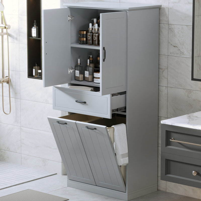 Armoire de rangement de salle de bain gris, matériau et peint, 2 buanderie, tablette réglable, basculement, portes et tiroir en finition peinte, pour la maison