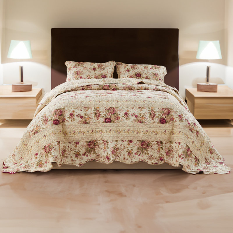 Queen Pink Floral Cotton Reversible Bedspread Set