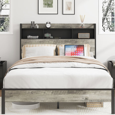 Classic Style Full Size Bed Frame In Antique Gray, Storage Compartment, 2 Ports, Quiet Operation, Easy Assembly Tools, No Box Spring Required Gray Frame, Metal & Wood Main Material, Usbs, Space,