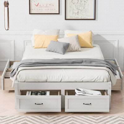 Full Size Platform Bed with 6 Storage Drawers, Antique White