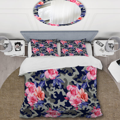 camo military in blue with pink roses - Abstract Duvet Cover Set - Microfiber Polyester