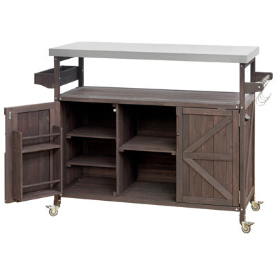 Outdoor Kitchen Island, Rolling Bar Cart & Storage Cabinet, Farmhouse Solid Wood Outdoor Grill Table With Stainless Steel Top, Spice Rack , Towel Rack For Kitchen & Barbecue , Dark Brown