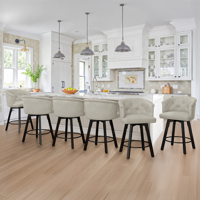 Swivel Counter Stool With Upholstered Seat And Metal Frame,Set Of 6, Light Beige Gray