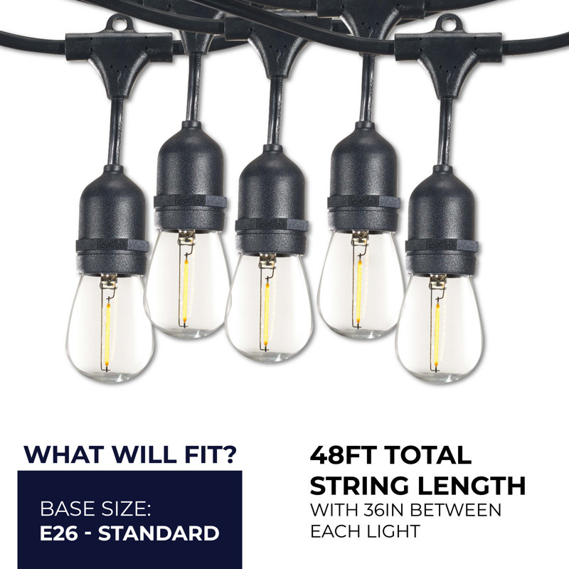 Outdoor LED String Light Set 48 Ft with 15 Clear S14 Bulbs and E26 Sockets
