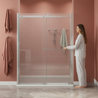 60.In W X 72.In H Frameless Single Sliding Shower Door With 1/4 Inch Thick Clear Tempered Glass