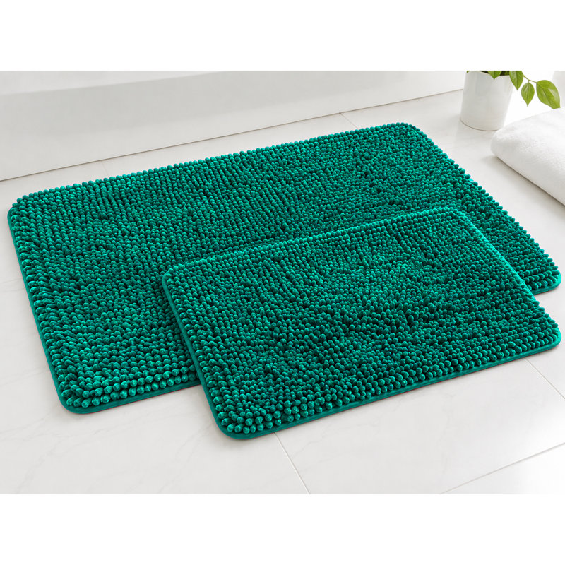 Tapis de bain en chenille épaisse et peluche vert turquoise avec rideau de douche à motifs floraux et crochets - Ensemble de 15 pièces