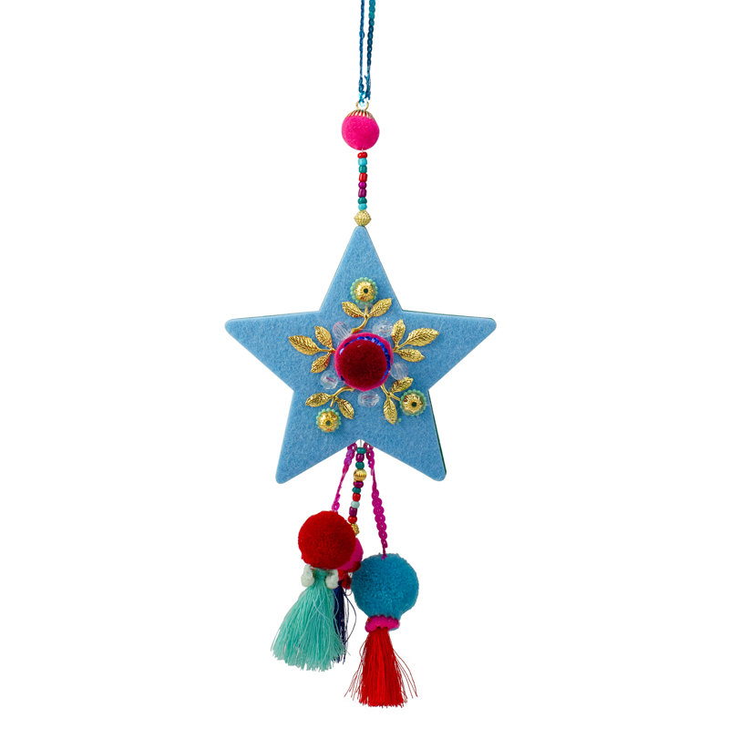Ornement de Noël 11 "étoile bleue et rouge avec pompon