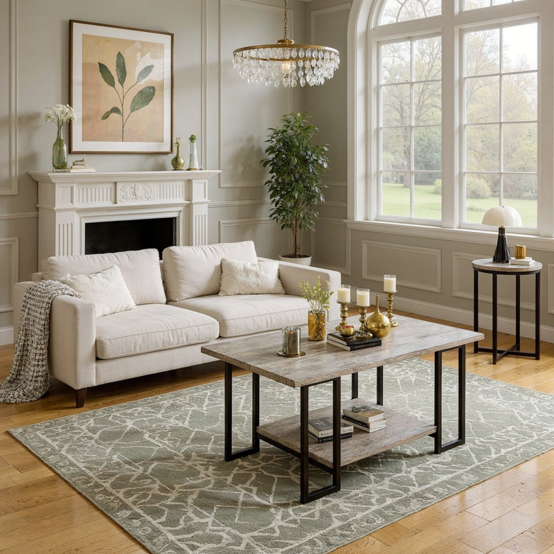Ensemble de 3 tables basses rectangulaires à 2 niveaux avec 2 tables d'appoint rondes et 3 pièces pour salon moderne avec structure en métal