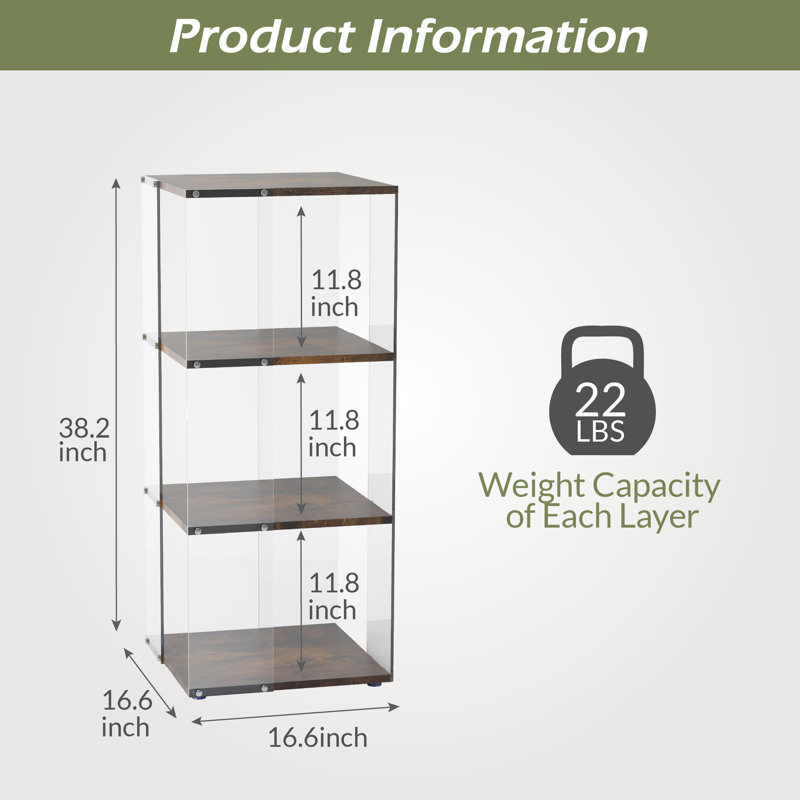 Vinicia Bookcase, 3 Tier Display Case, Bookshelf, Floor Standing Bookcase, Display Cabinet