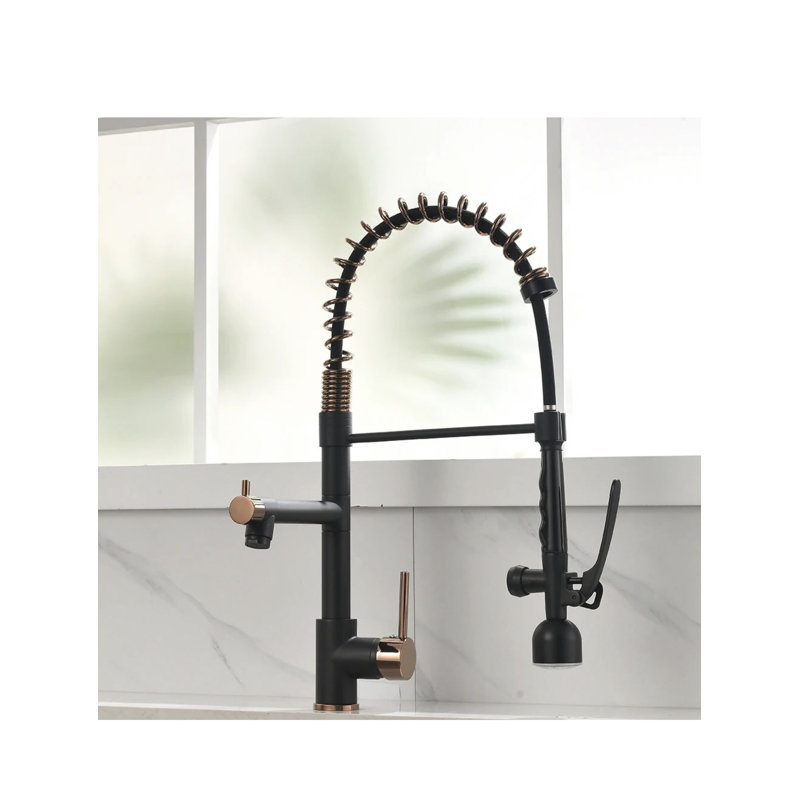 Robinet de cuisine rétractable AvaMalis, Noir mat / Or rose